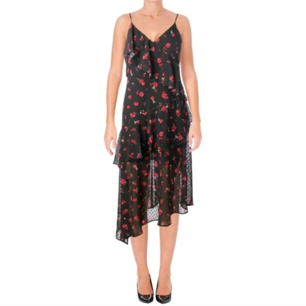 Bardot Bloom Asymmetrical Black Floral Dress US4